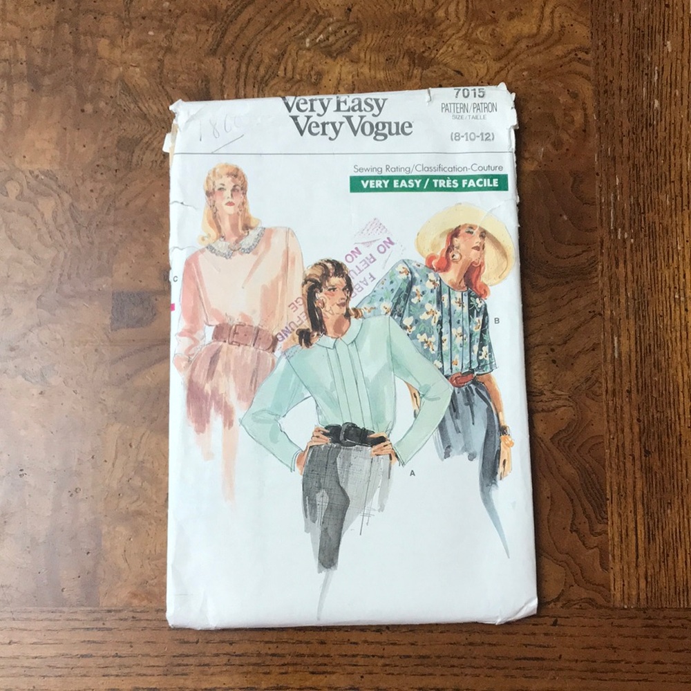 1987 UNCUT Vintage Very Easy Very Vogue Blouse Sewing Pattern #7015 Size 8 10 12